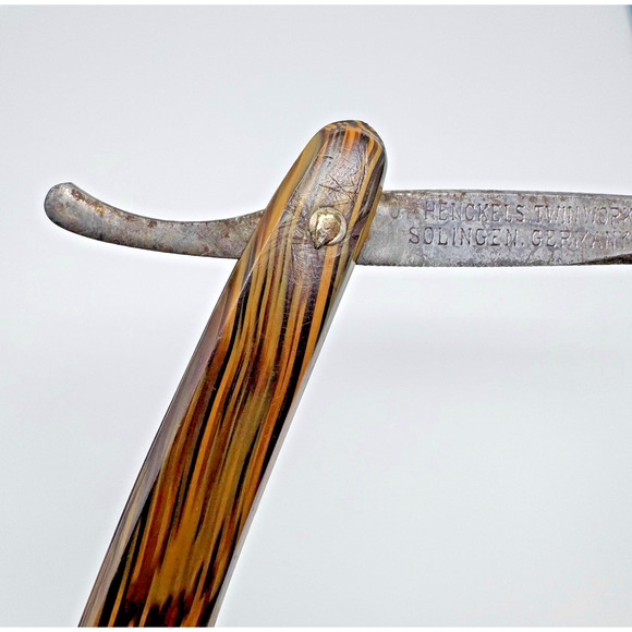 Vintage J.A. Henckels Twin Works Straight Razor Solingen Germany Wood Grain Hand - Picture 8 of 11